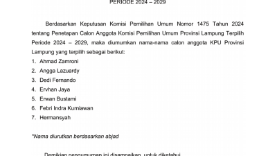 KPU RI Umumkan Tujuh Nama Calon Anggota KPU Provinsi Lampung Periode 2024 – 2029